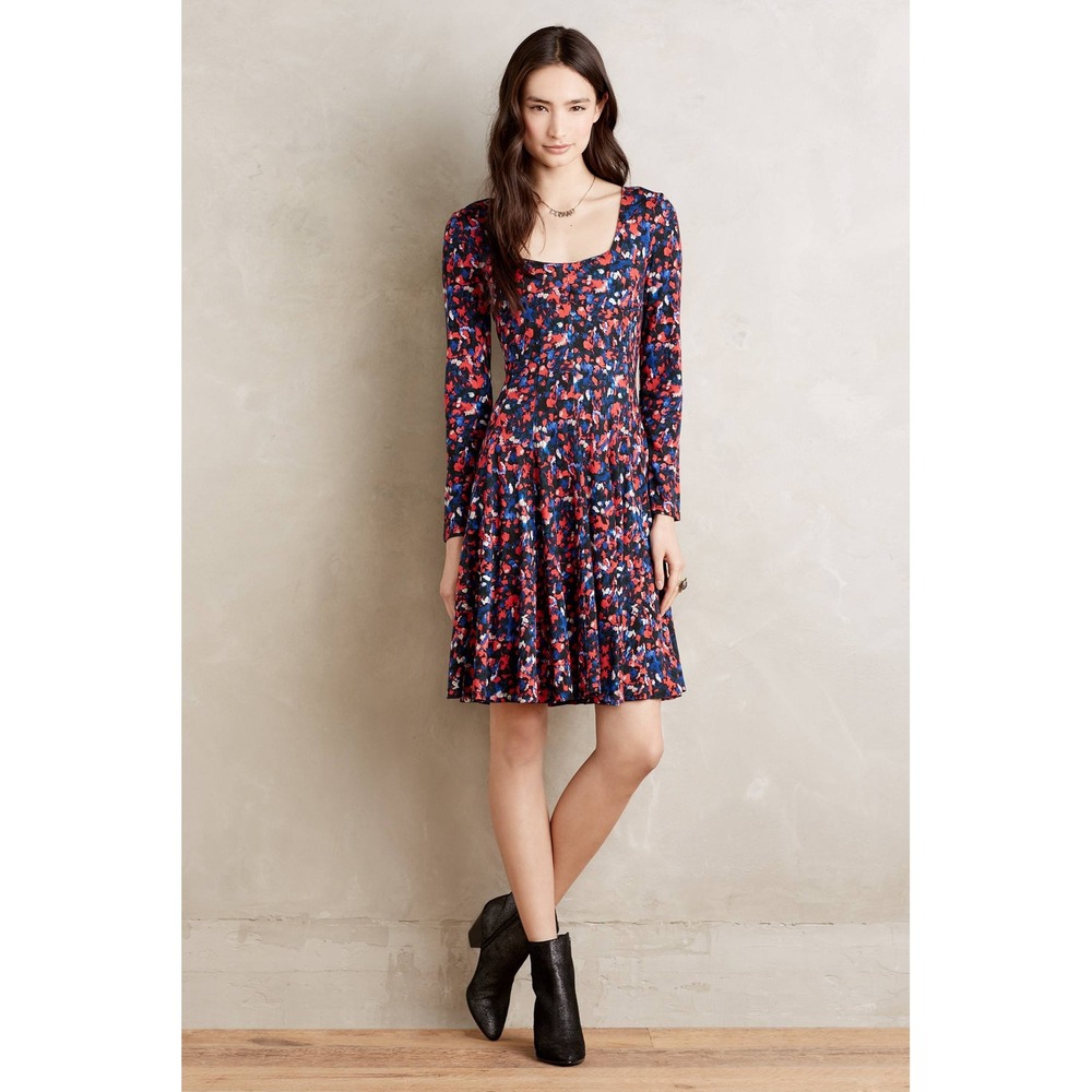 HD in Paris Anthropologie Saraid Dress XS Red Blue Floral Fit & Flare Knit